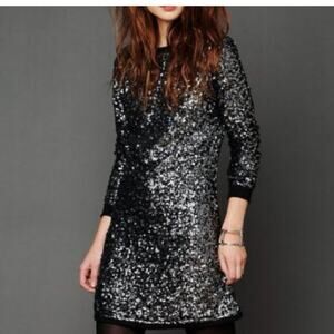 Black Silver Sequin Mini Dress Open Back Bodycon Long Sleeve Party S